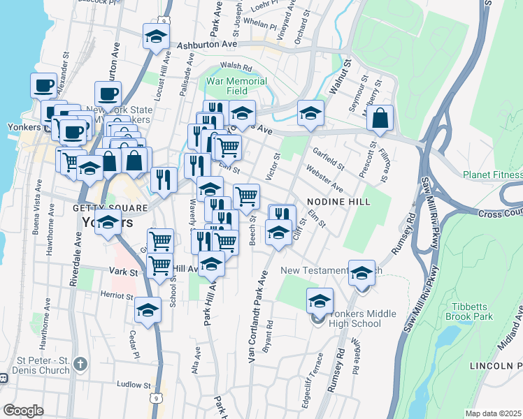 map of restaurants, bars, coffee shops, grocery stores, and more near in Yonkers