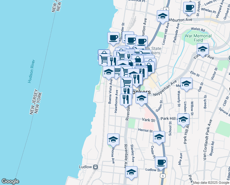 map of restaurants, bars, coffee shops, grocery stores, and more near 33 Hawthorne Avenue in Yonkers