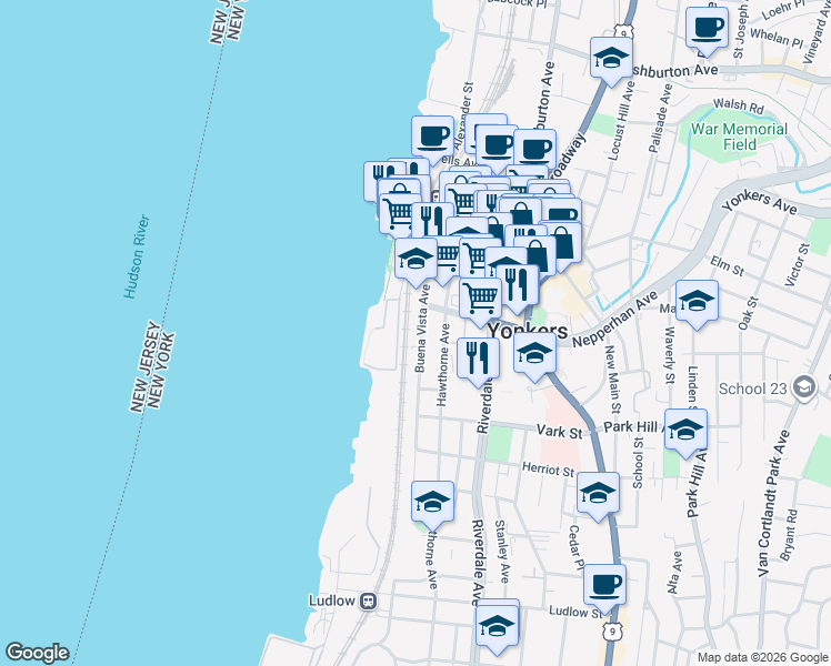 map of restaurants, bars, coffee shops, grocery stores, and more near 95 Buena Vista Avenue in Yonkers
