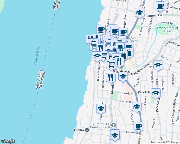map of restaurants, bars, coffee shops, grocery stores, and more near 22 Water Grant Street in Yonkers