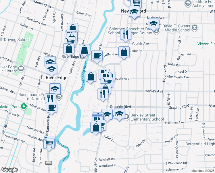 map of restaurants, bars, coffee shops, grocery stores, and more near in New Milford