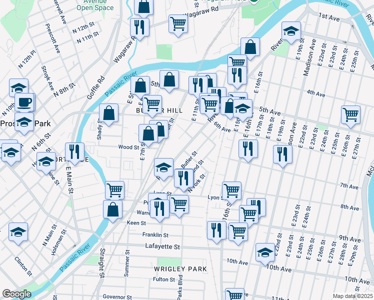 map of restaurants, bars, coffee shops, grocery stores, and more near 519 River Street in Paterson