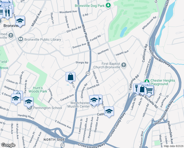 map of restaurants, bars, coffee shops, grocery stores, and more near 154 Elmsmere Road in Bronxville