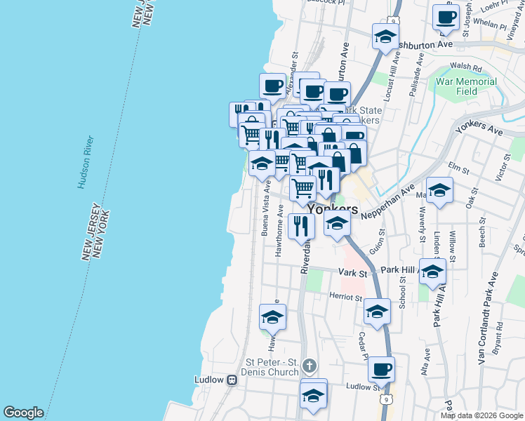 map of restaurants, bars, coffee shops, grocery stores, and more near 95 Buena Vista Avenue in Yonkers