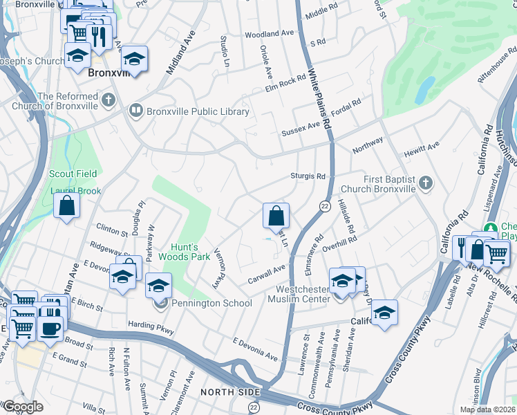 map of restaurants, bars, coffee shops, grocery stores, and more near 29 Locust Lane in Bronxville
