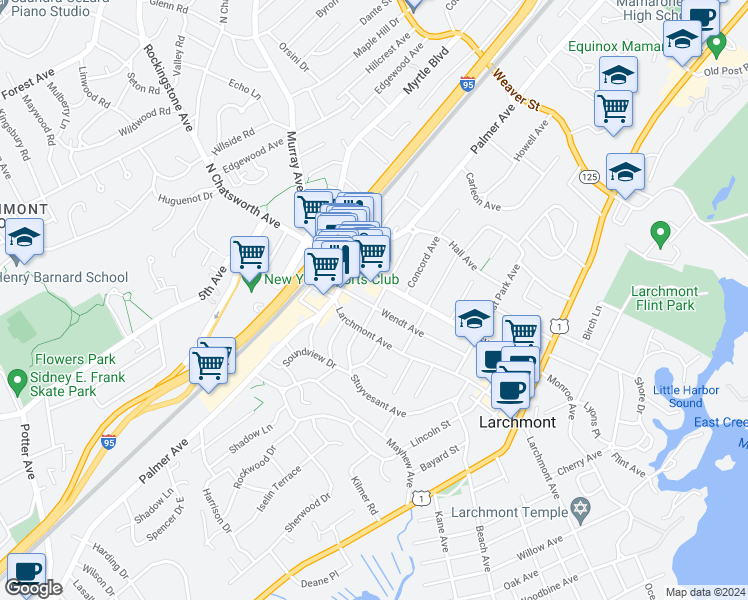 map of restaurants, bars, coffee shops, grocery stores, and more near 51 Wendt Avenue in Larchmont