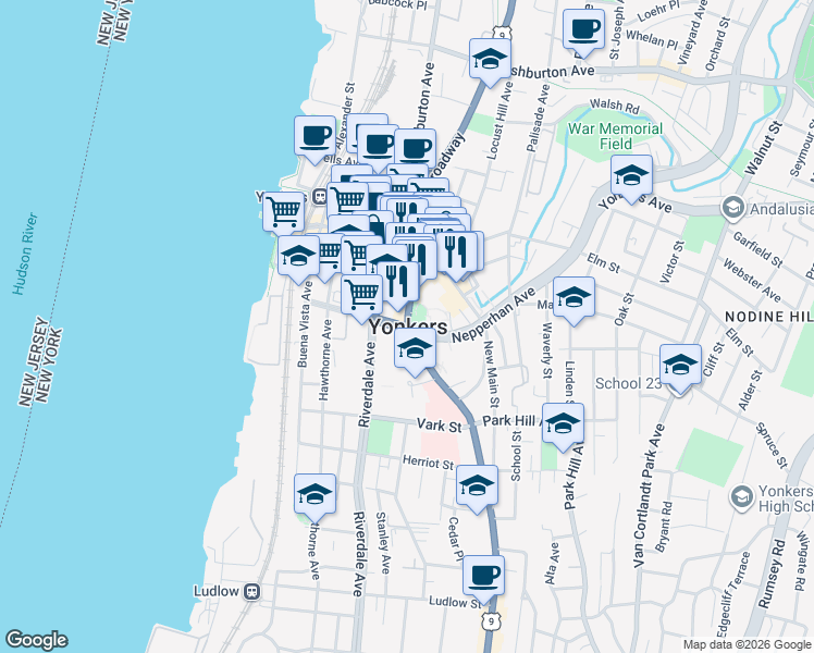 map of restaurants, bars, coffee shops, grocery stores, and more near in Yonkers