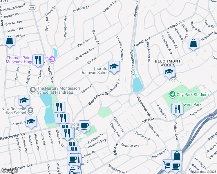 map of restaurants, bars, coffee shops, grocery stores, and more near 170 Overlook Circle in New Rochelle