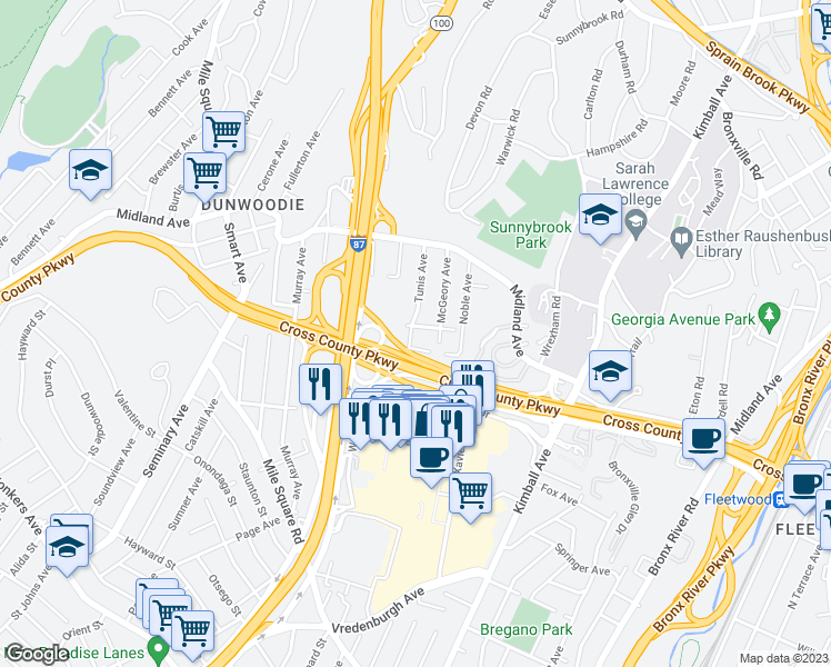 map of restaurants, bars, coffee shops, grocery stores, and more near 54 Dewey Avenue in Bronxville