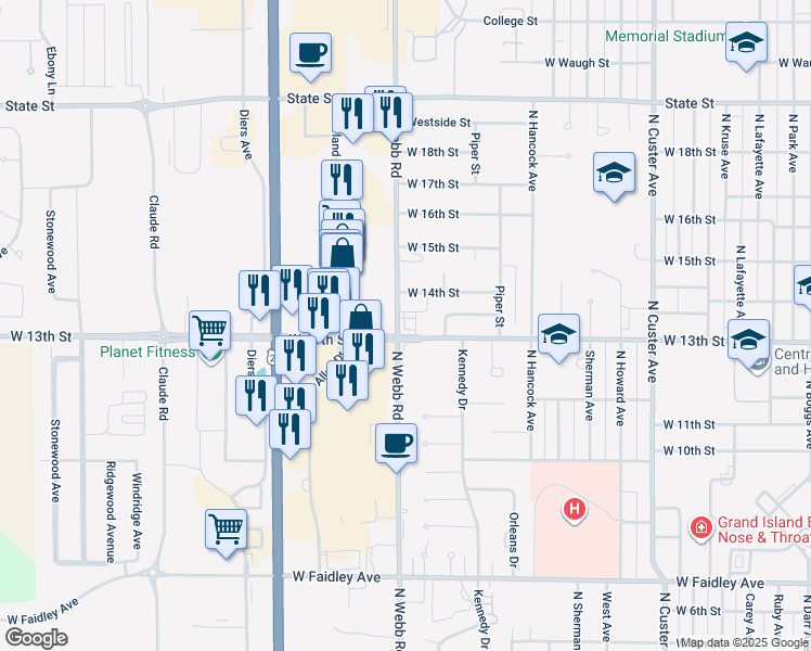 map of restaurants, bars, coffee shops, grocery stores, and more near 1300 North Webb Road in Grand Island