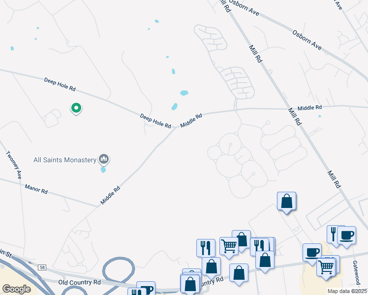map of restaurants, bars, coffee shops, grocery stores, and more near 1535 Middle Road in Calverton
