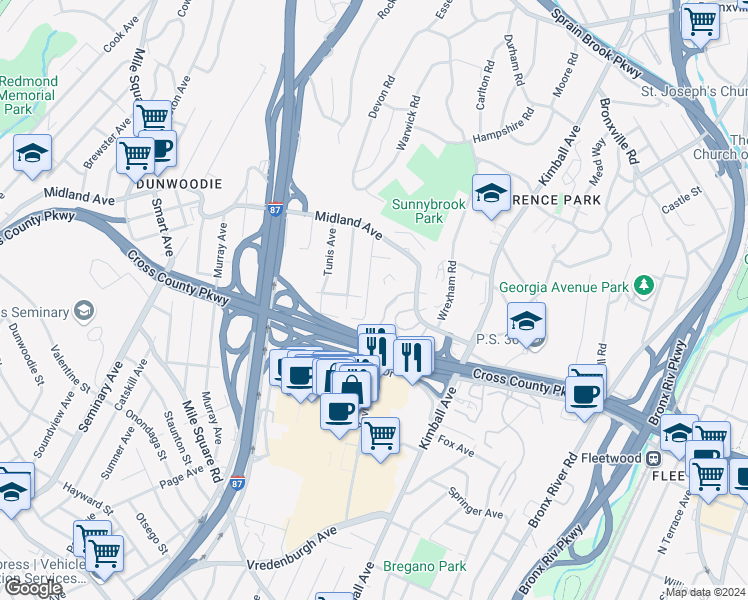 map of restaurants, bars, coffee shops, grocery stores, and more near 14 Noble Avenue in Yonkers