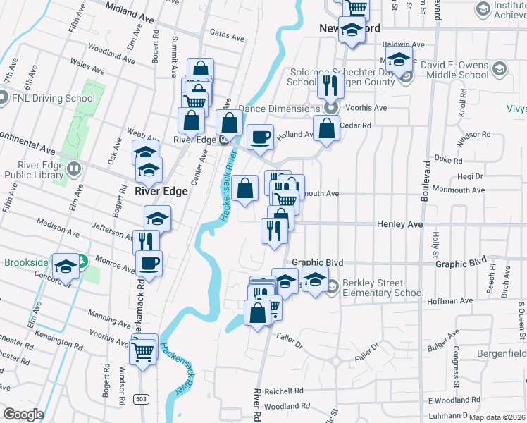 map of restaurants, bars, coffee shops, grocery stores, and more near 111 Henley Avenue in New Milford