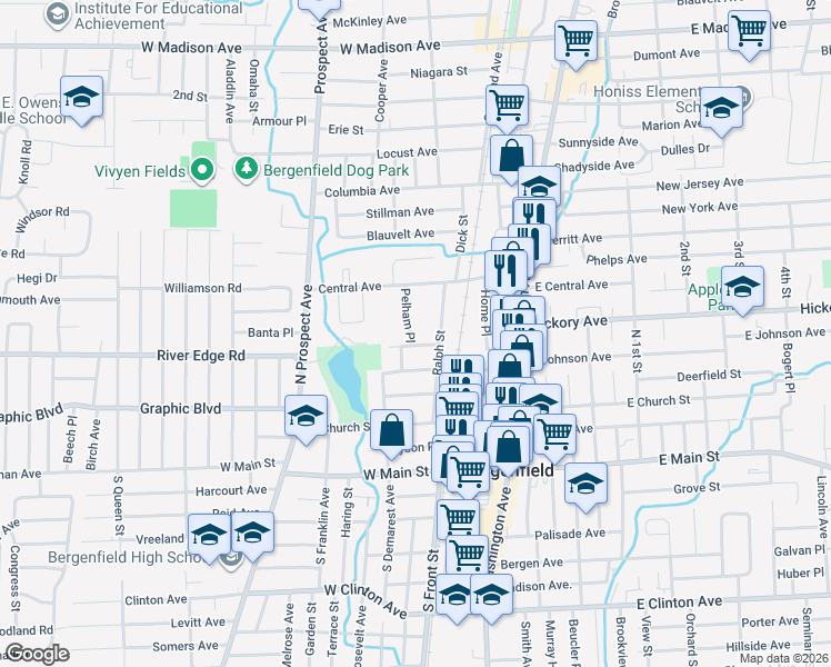 map of restaurants, bars, coffee shops, grocery stores, and more near 1 Pelham Place in Bergenfield