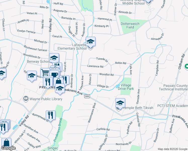 map of restaurants, bars, coffee shops, grocery stores, and more near 22 Woodlot Road in Wayne