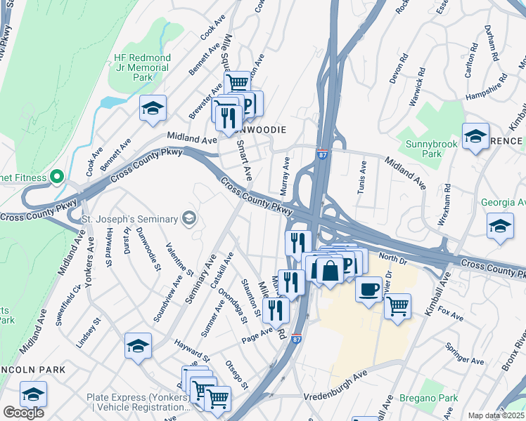 map of restaurants, bars, coffee shops, grocery stores, and more near 87 Mansion Avenue in Yonkers