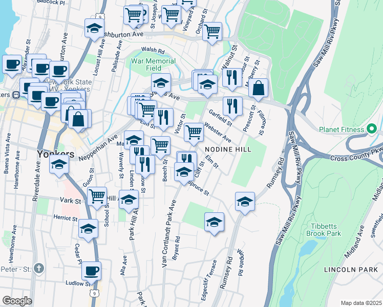 map of restaurants, bars, coffee shops, grocery stores, and more near 4 Van Cortlandt Park Avenue in Yonkers