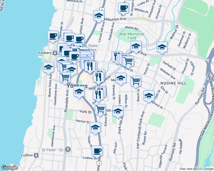 map of restaurants, bars, coffee shops, grocery stores, and more near 16 School Street in Yonkers