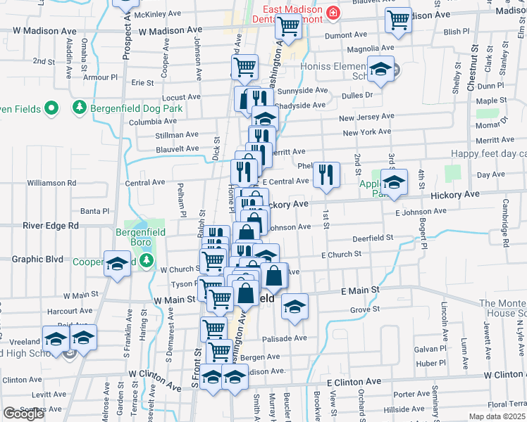 map of restaurants, bars, coffee shops, grocery stores, and more near 16 Hickory Avenue in Bergenfield