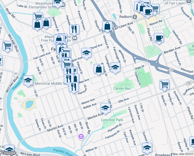 map of restaurants, bars, coffee shops, grocery stores, and more near 10-05 Berdan Avenue in Fair Lawn