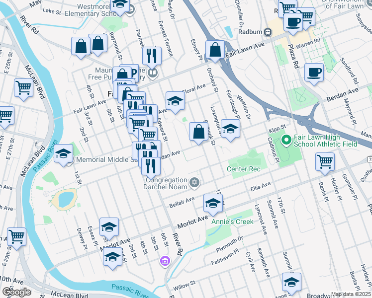 map of restaurants, bars, coffee shops, grocery stores, and more near 10-05 Berdan Avenue in Fair Lawn