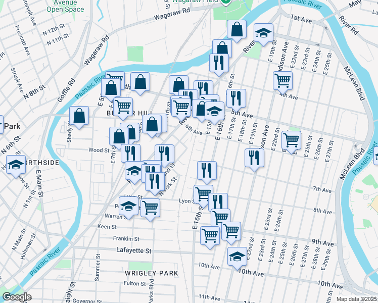 map of restaurants, bars, coffee shops, grocery stores, and more near 55-49 May Street in Paterson