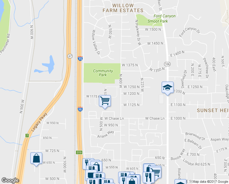 map of restaurants, bars, coffee shops, grocery stores, and more near 1229 North 450 West in Centerville