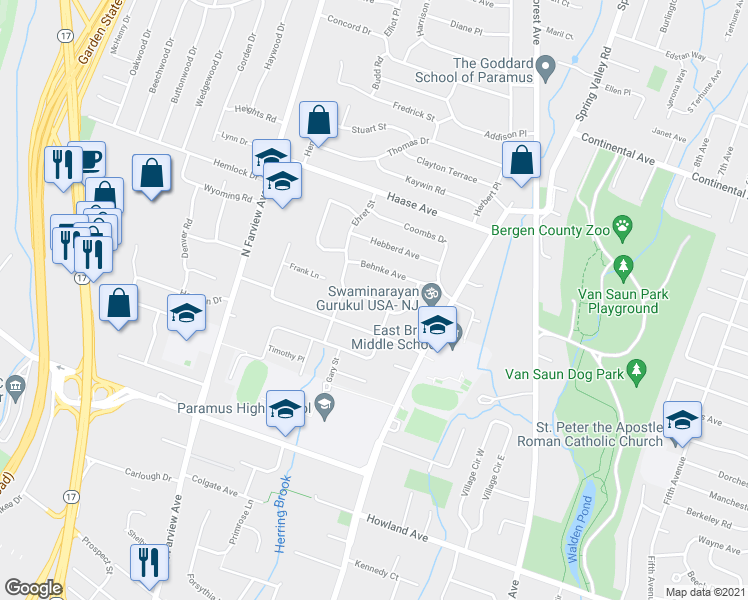 map of restaurants, bars, coffee shops, grocery stores, and more near 182 Lozier Court in Paramus