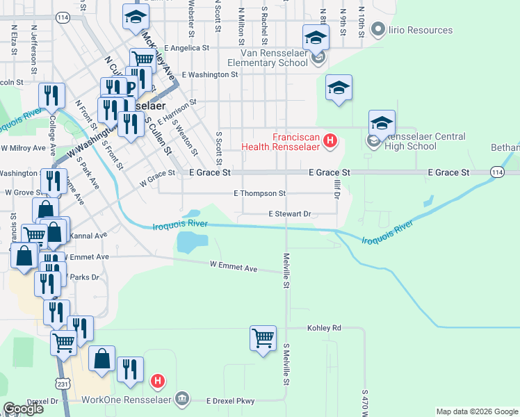 map of restaurants, bars, coffee shops, grocery stores, and more near 601-799 S Milton St in Rensselaer