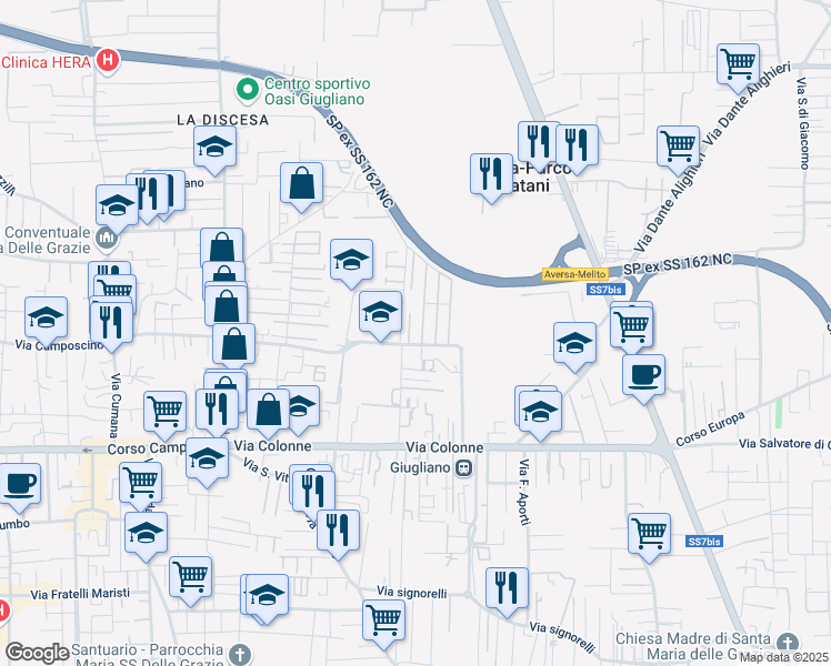map of restaurants, bars, coffee shops, grocery stores, and more near E15 Via Antica Giardini in Giugliano in Campania