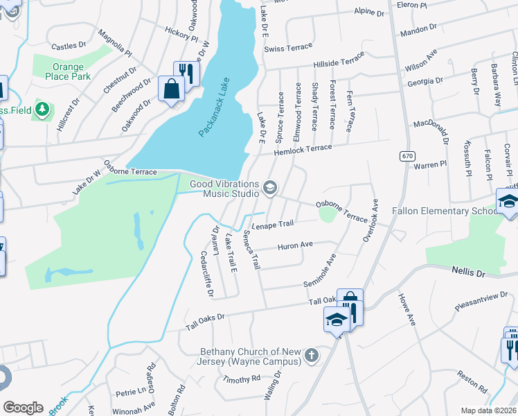 map of restaurants, bars, coffee shops, grocery stores, and more near 5 Seneca Trail in Wayne