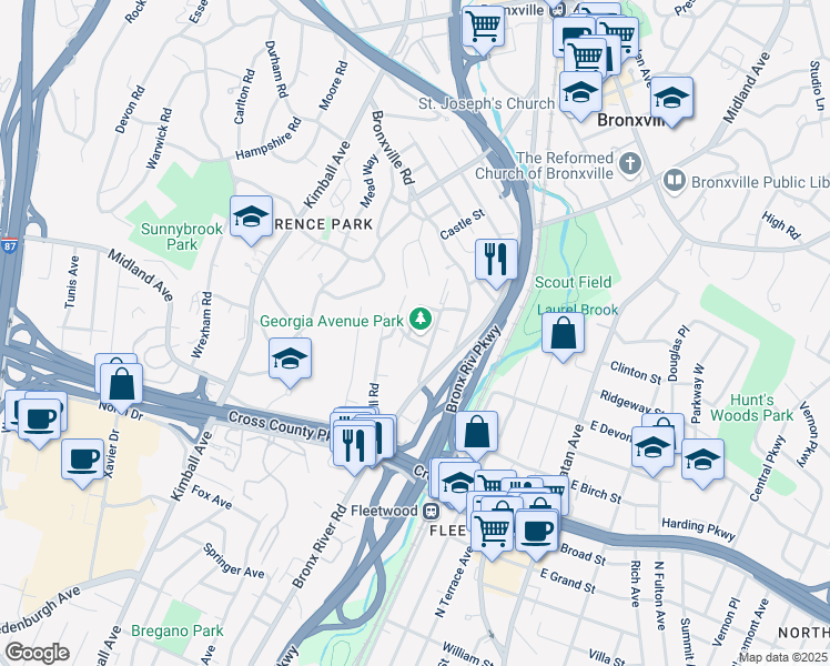 map of restaurants, bars, coffee shops, grocery stores, and more near 54 Louisiana Avenue in Bronxville