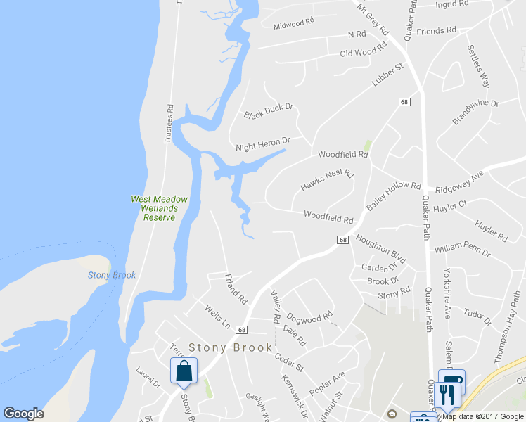 map of restaurants, bars, coffee shops, grocery stores, and more near 24 Woodfield Road in Stony Brook