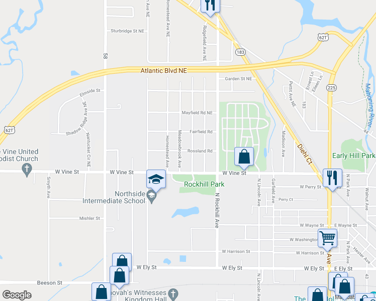map of restaurants, bars, coffee shops, grocery stores, and more near 833 Rossland Road in Alliance