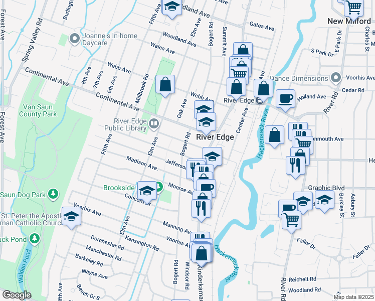 map of restaurants, bars, coffee shops, grocery stores, and more near 682 Bogert Road in River Edge