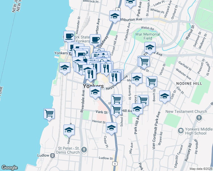 map of restaurants, bars, coffee shops, grocery stores, and more near 40 South Broadway in Yonkers