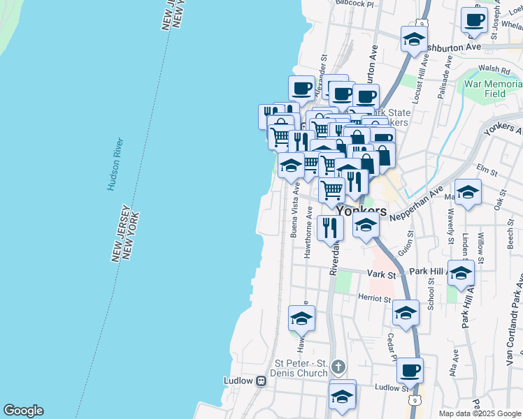 map of restaurants, bars, coffee shops, grocery stores, and more near 22 Water Grant Street in Yonkers