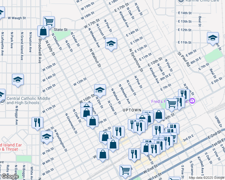 map of restaurants, bars, coffee shops, grocery stores, and more near 950 North Walnut Street in Grand Island