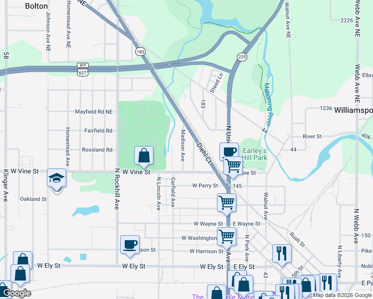 map of restaurants, bars, coffee shops, grocery stores, and more near 993 Madison Avenue in Alliance