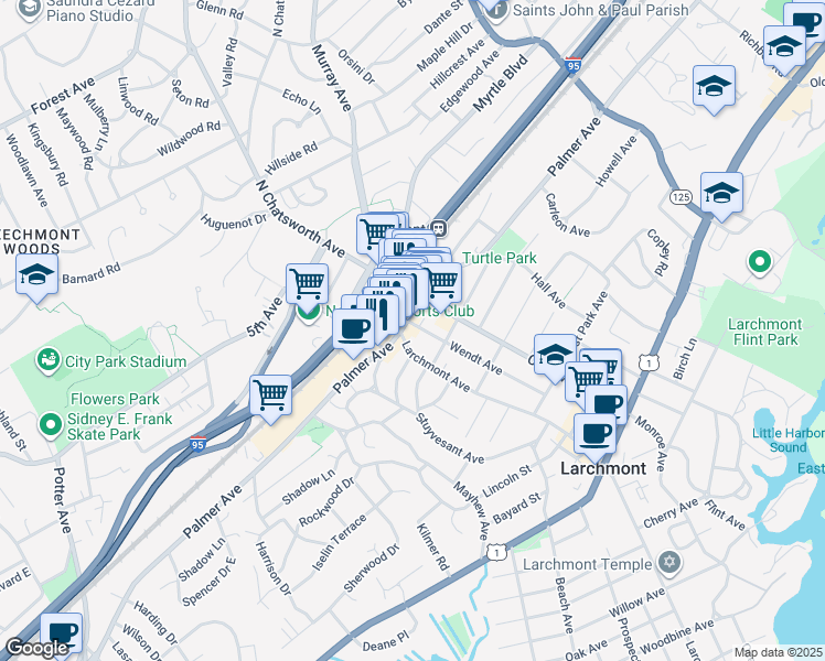 map of restaurants, bars, coffee shops, grocery stores, and more near 76 Wendt Avenue in Larchmont