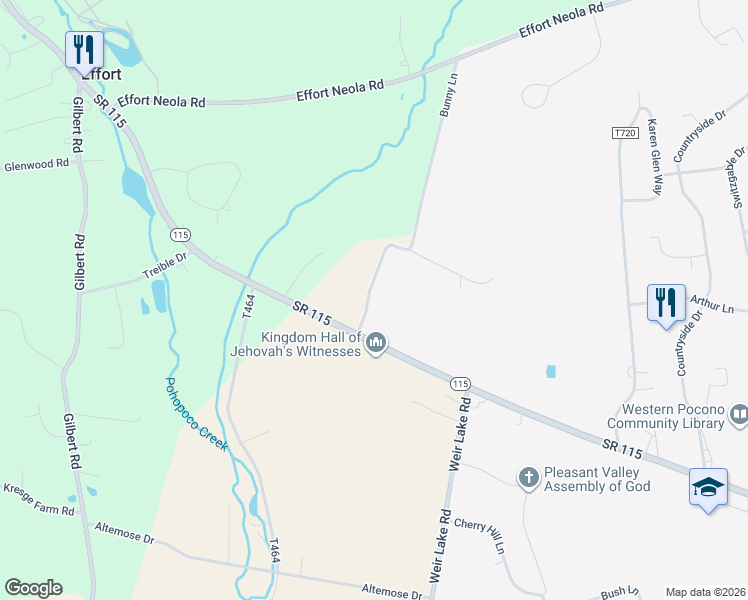 map of restaurants, bars, coffee shops, grocery stores, and more near 1222 Bunny Lane in Brodheadsville