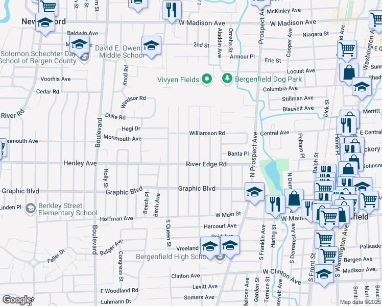 map of restaurants, bars, coffee shops, grocery stores, and more near 135 Harrington Street in Bergenfield