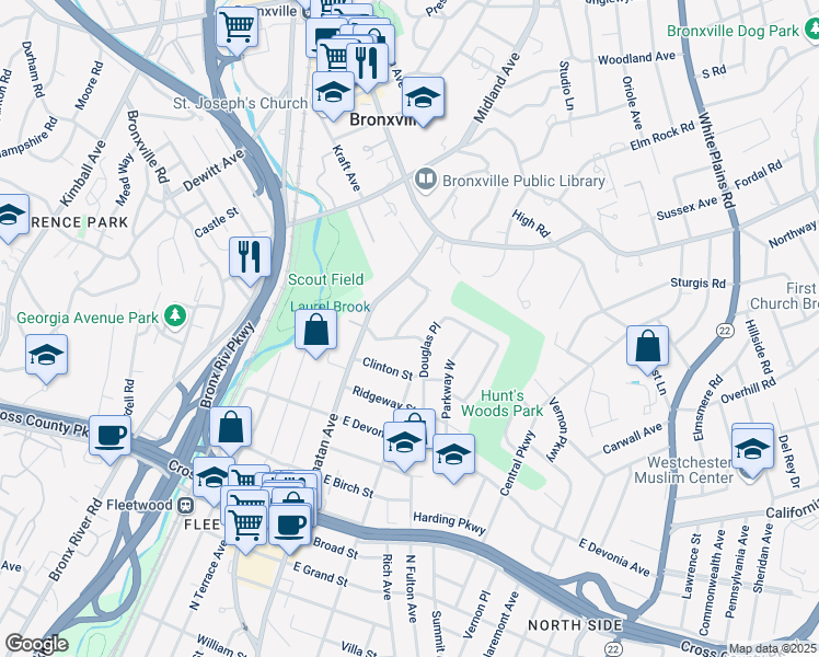 map of restaurants, bars, coffee shops, grocery stores, and more near 21 Laporte Avenue in Mount Vernon