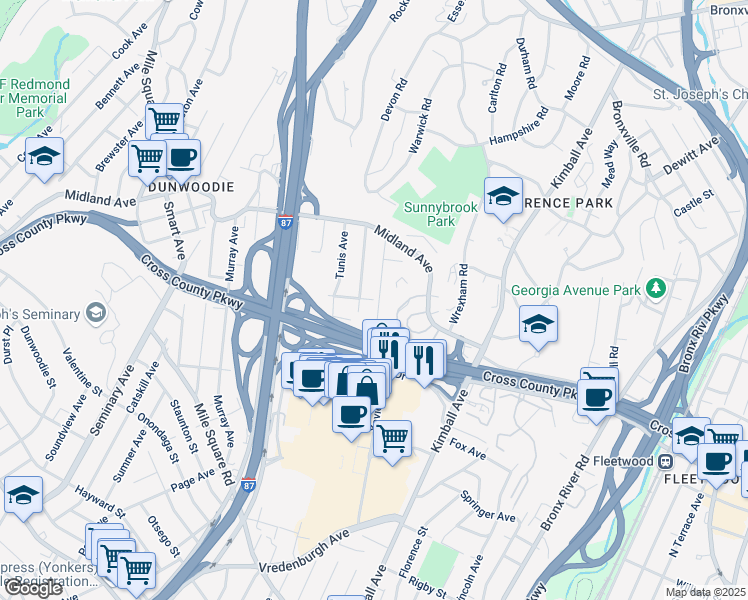 map of restaurants, bars, coffee shops, grocery stores, and more near 1 Dewey Avenue in Yonkers