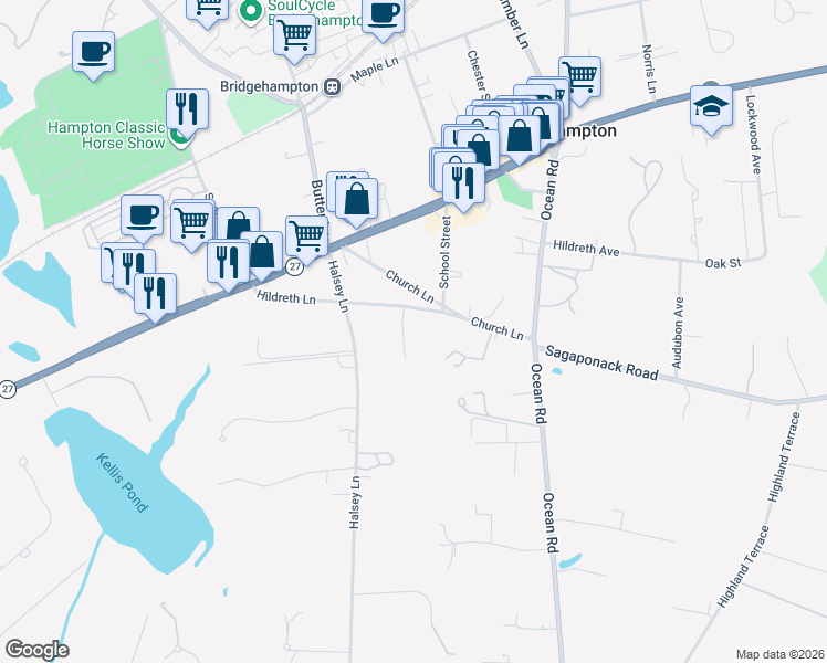 map of restaurants, bars, coffee shops, grocery stores, and more near 23 Topping Field Court in Bridgehampton