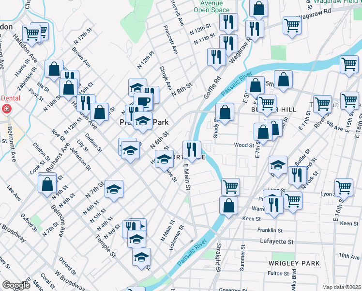 map of restaurants, bars, coffee shops, grocery stores, and more near 281 North 4th Street in Paterson
