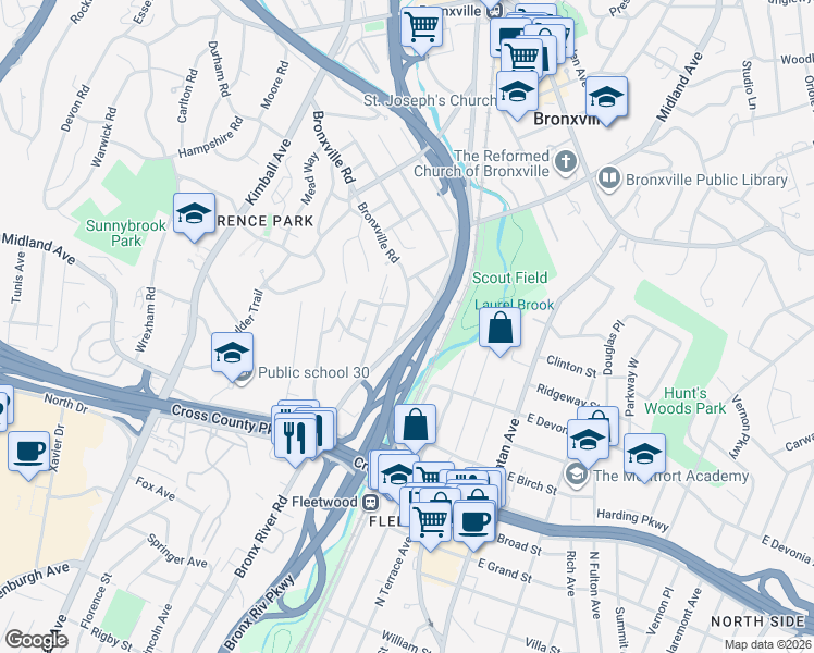 map of restaurants, bars, coffee shops, grocery stores, and more near 2 Bronxville Road in Yonkers