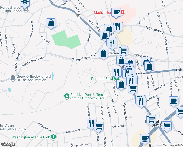 map of restaurants, bars, coffee shops, grocery stores, and more near 39 Piedmont Drive in Port Jefferson Station
