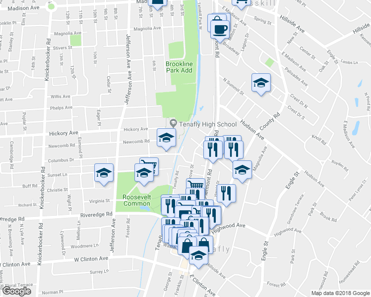 map of restaurants, bars, coffee shops, grocery stores, and more near 12 Merritt Court in Tenafly