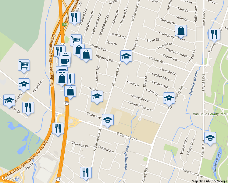 map of restaurants, bars, coffee shops, grocery stores, and more near 182 North Farview Avenue in Paramus